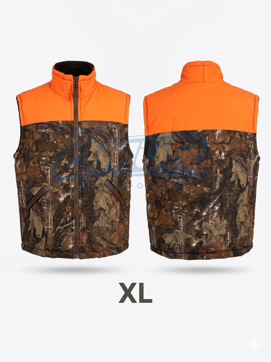 Turuncu Detaylı Kamuflaj Desenli Avcı Yeleği - XL