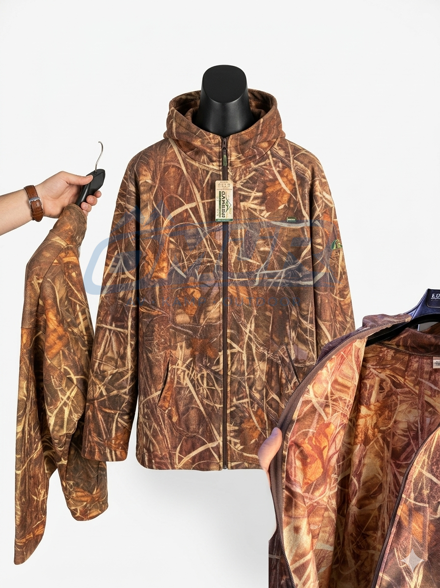Profesyonel Sazlık Kamuflaj Desenli Kapüşonlu Avcı Poları - Tam Fermuarlı