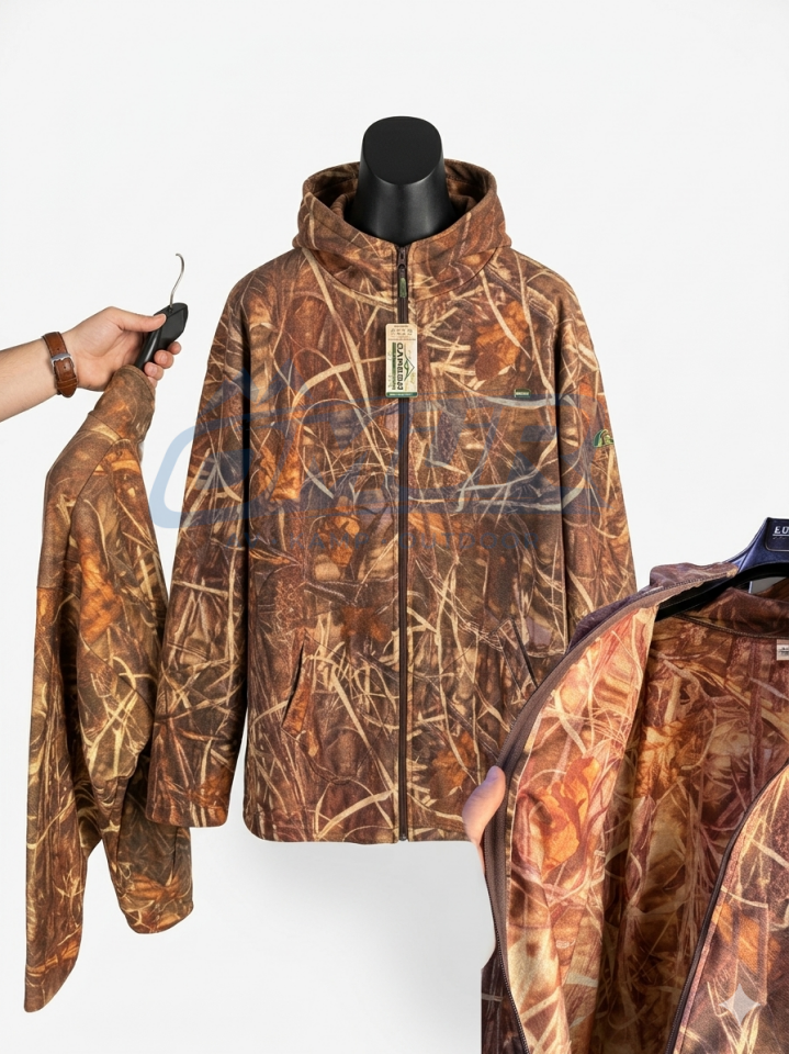Profesyonel Sazlık Kamuflaj Desenli Kapüşonlu Avcı Poları - Tam Fermuarlı