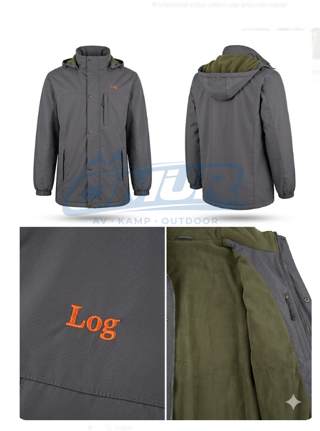 LOÇ Profesyonel Su Geçirmez Polar Astarlı Kapüşonlu Avcı ve Outdoor Montu - Füme